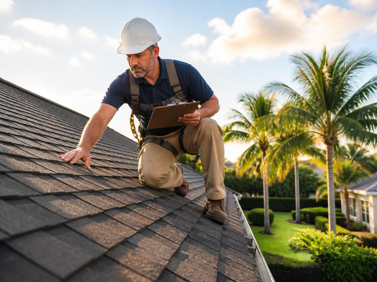 Professional roofing contractor inspecting the shingles of an upscale South Florida home