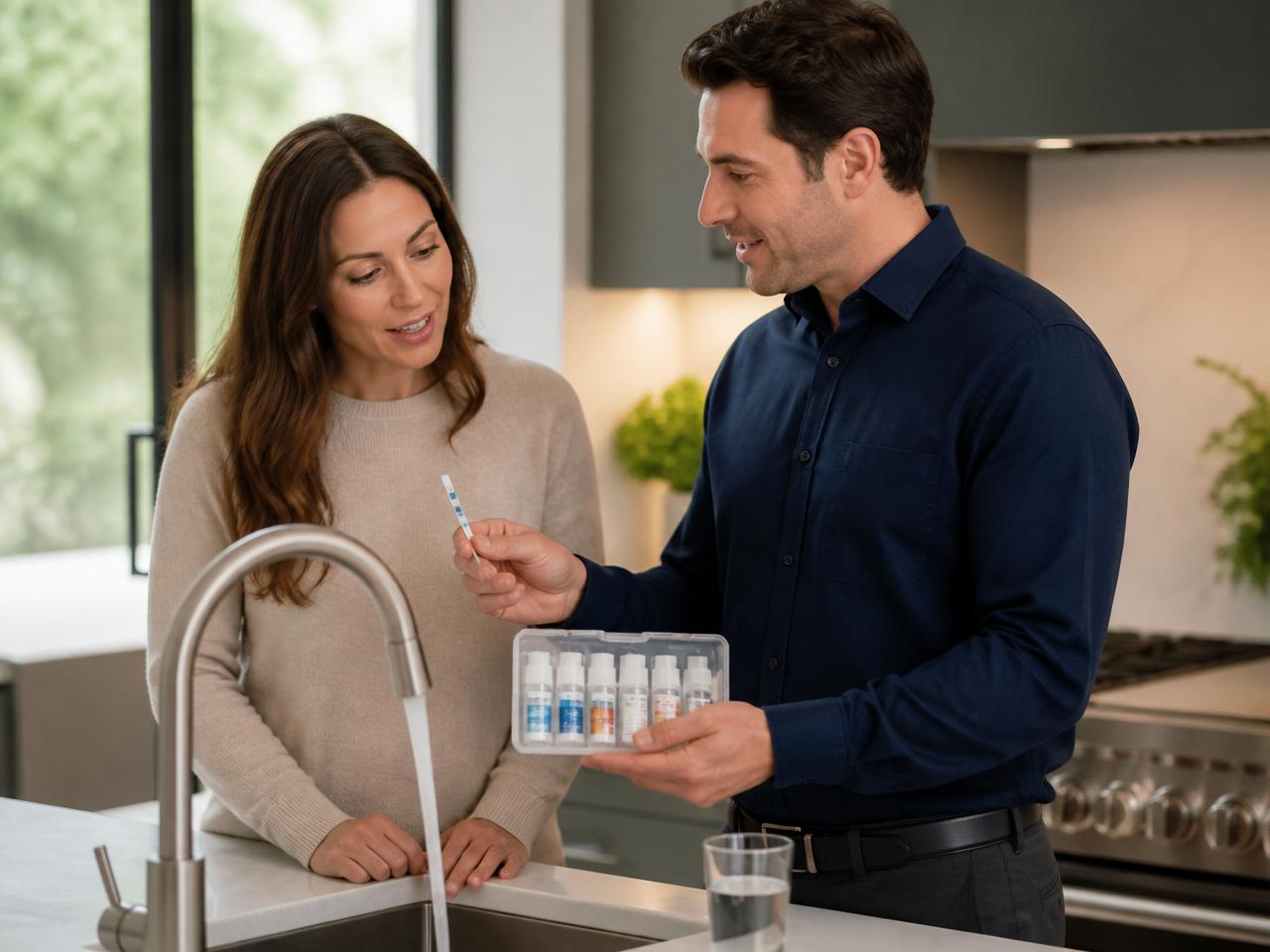 Water specialist performing a complimentary in-home water quality demonstration at a modern kitchen sink