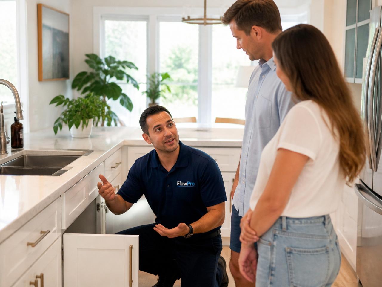 Licensed plumber explaining findings under a modern kitchen sink to a homeowner couple
