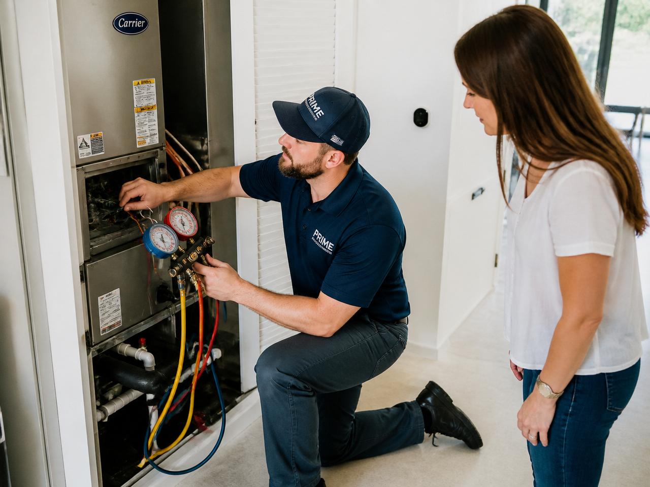 Licensed HVAC technician performing routine maintenance on a residential air handler while a homeowner observes and asks questions